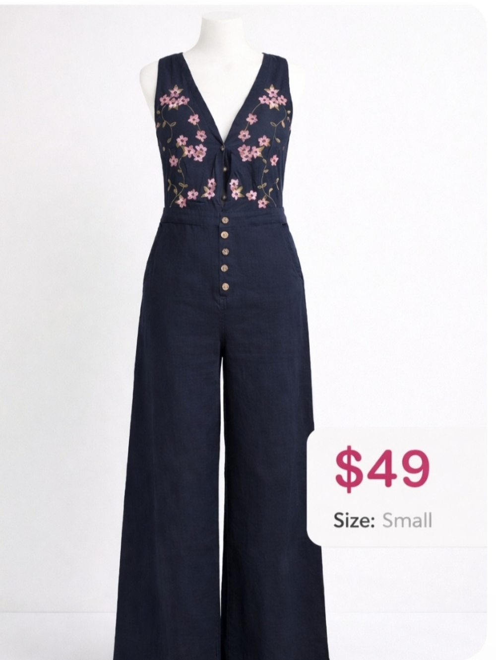 Embroidered Navy V-Neck Wide-Leg Jumpsuit